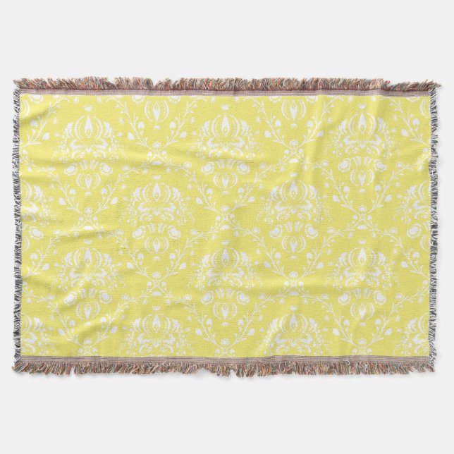 Butter Yellow and White Damask Throw Blanket (Front)