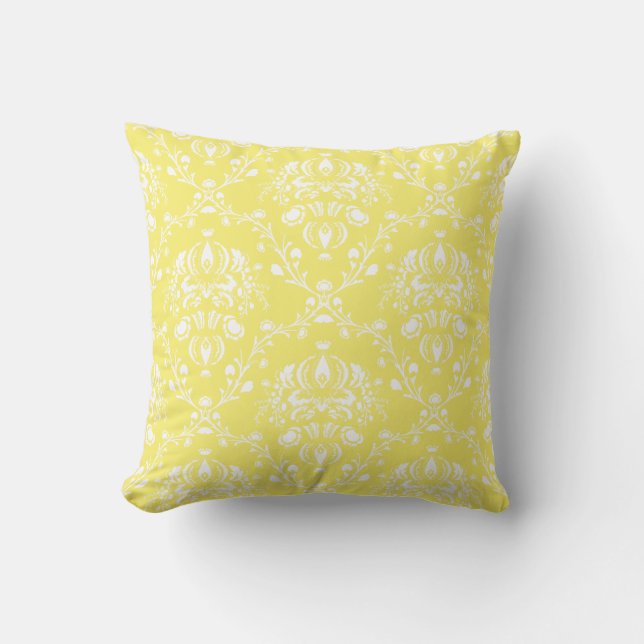 Butter Yellow and White Damask Throw Pillow (Front)