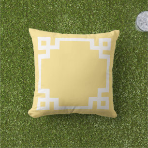 Butter Yellow and White Greek Key Border Outdoor Pillow
