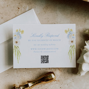 Butter Yellow Baby Blue Floral Wedding QR Code RSVP Card