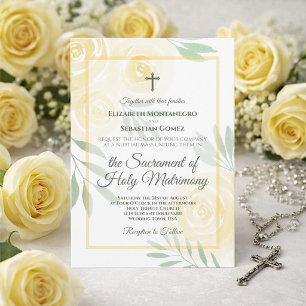 Butter Yellow Boho Chic Roses Catholic Wedding Invitation
