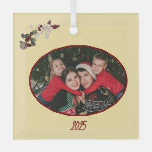 Butter Yellow & Deep Red Floral Photo Christmas Glass Ornament