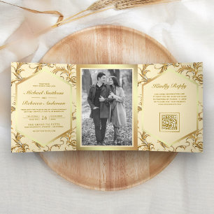 Butter Yellow Flourish Swirl Photo QR Code Wedding Tri-Fold Invitation