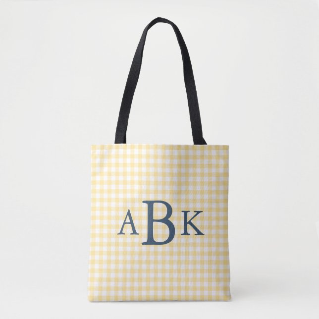 Butter Yellow Gingham Monogrammed Tote Bag (Front)