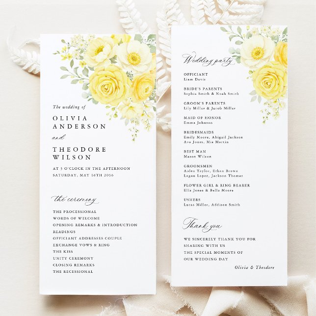 Butter Yellow Ivory Floral Wedding Ceremony Program (butter yellow ivory floral wedding program card, ceremony program front and back, elegant stationery)