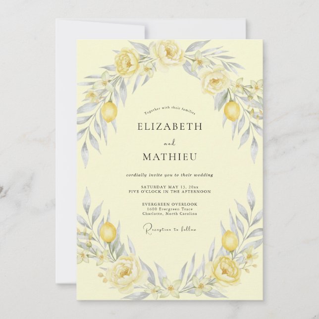 Butter Yellow Lemon Eucalyptus Wedding Invitation (Front)