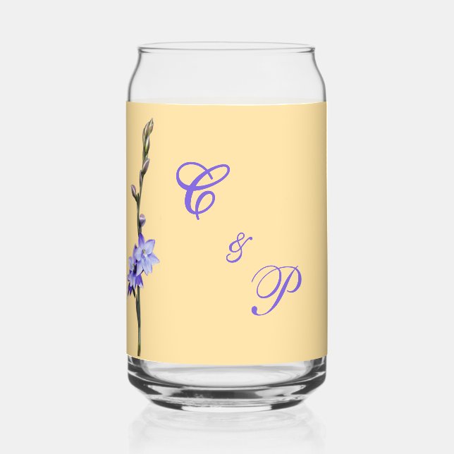 Butter Yellow & Lilac SunOrchid Wedding Can Glass (Front)