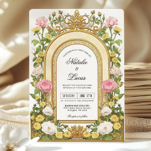Butter Yellow Pink Vintage Art Nouveau Wedding Invitation