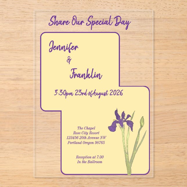 Butter Yellow & Purple Iris Watercolor Wedding Acrylic Invitations (Front)