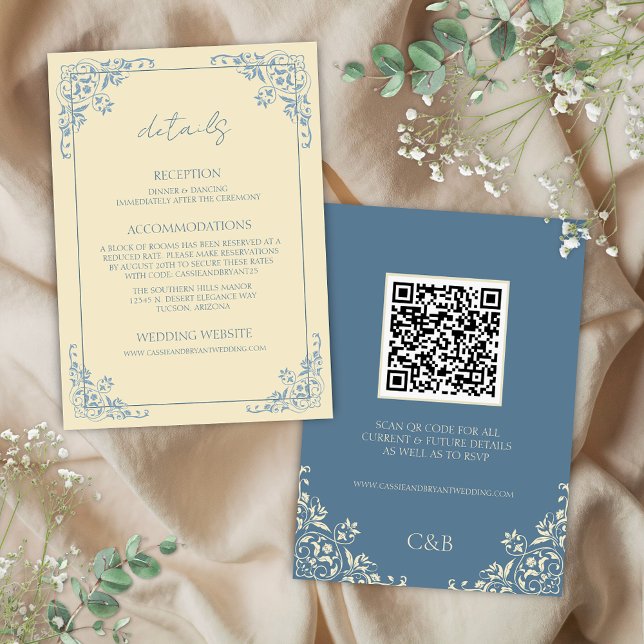 Butter Yellow QR Code Details Enclosure Card (Elegant butter yellow and dusty blue formal elegant vintage wedding details enclosure cards inserts)