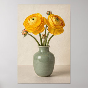 Butter Yellow Ranunculus in Sage Vase Poster