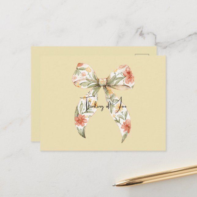 Butter Yellow Red Floral Bow Postcard (Front/Back In Situ)