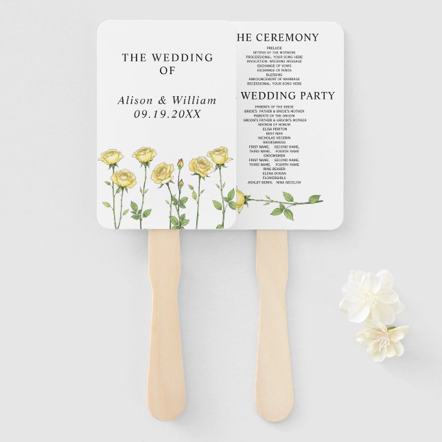 Butter yellow rose flowers floral wedding program hand fan (Front and Back)