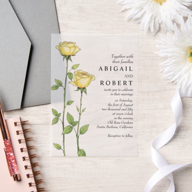 Butter yellow rose flowers romantic floral wedding vellum invitations (Wedding)