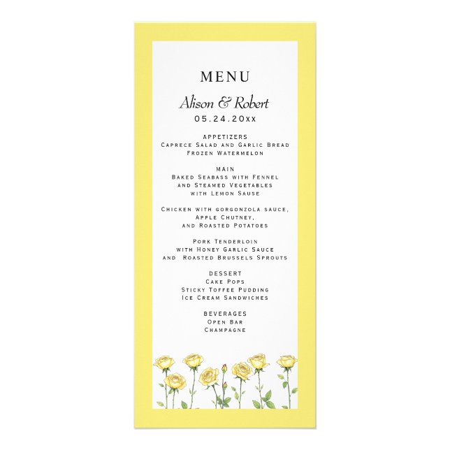 Butter yellow rose flowers wedding menu card (Front)