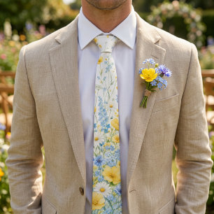 Butter Yellow Soft Blue Wildflower Spring Wedding Tie