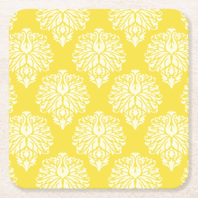 Butter Yellow Southern Cottage Damask Square Paper Coaster (Front)