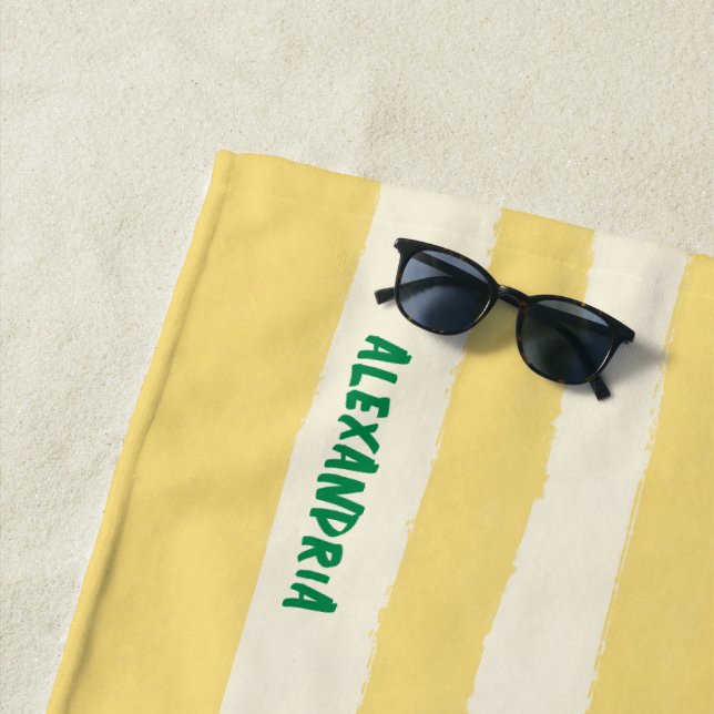 Butter Yellow Striped Chic Personalized Summer Beach Towel (In Situ)