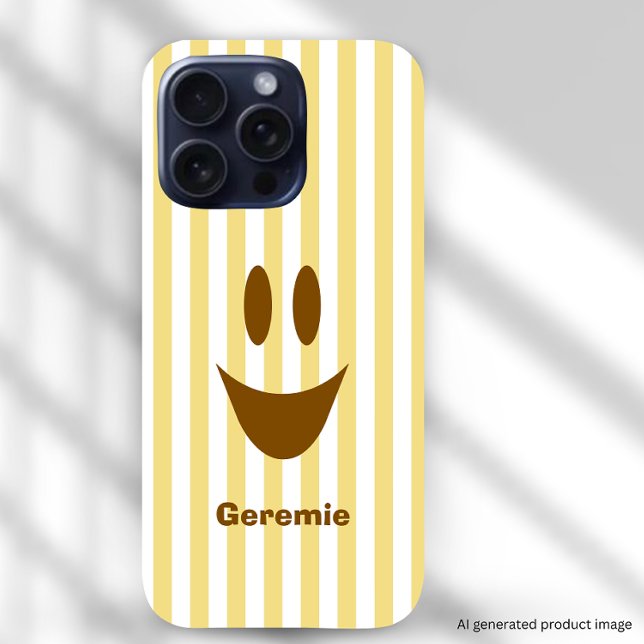 Butter Yellow Stripes Fun Brown Smiley iPhone Case (Available for iPhone and Samsung devices.)