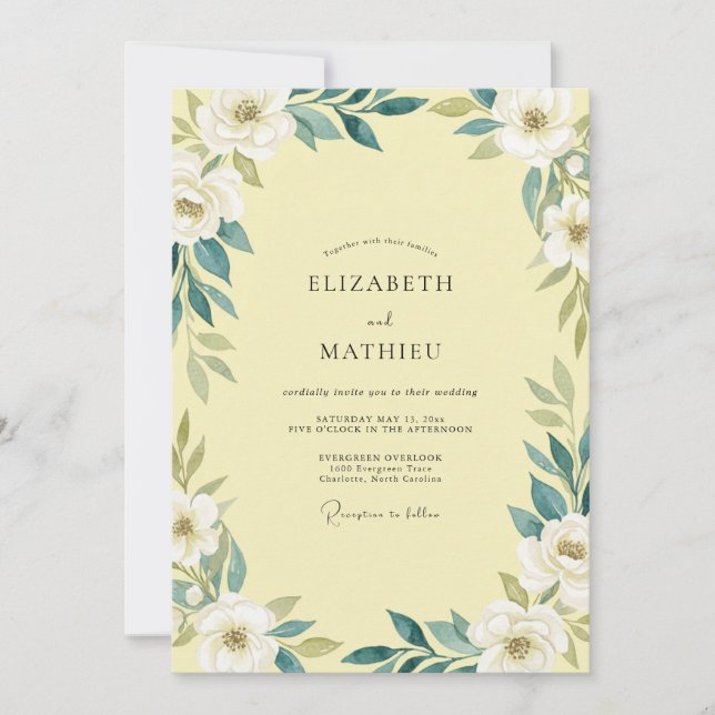 Butter Yellow Teal Leafy Wedding Invitation (Front)
