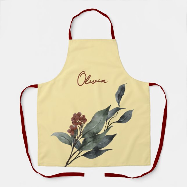 Butter. Yellow w' Watercolor Leaves Christmas Apron (Front)