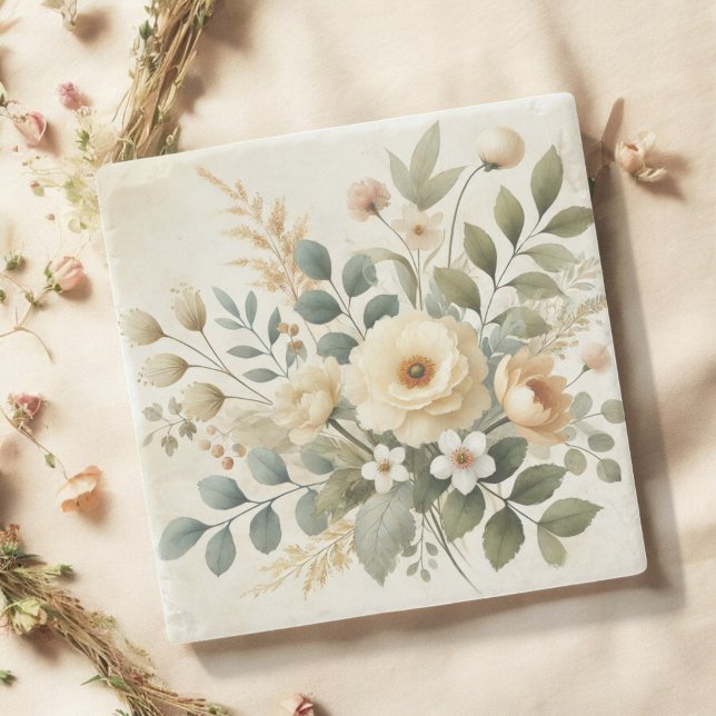 Butter Yellow Watercolor Floral Spring & Summer Stone Coaster (Creator Uploaded)