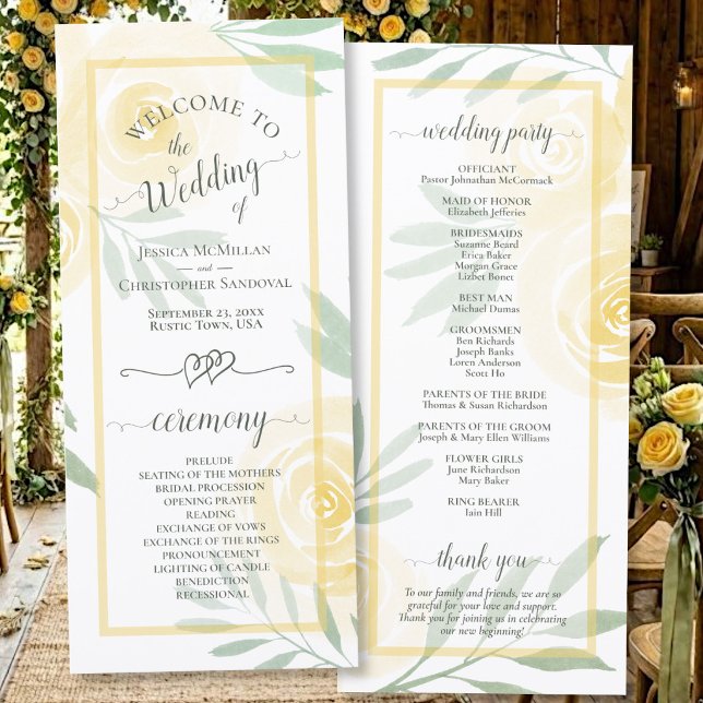 Butter Yellow Watercolor Roses Elegant Wedding Program (Front/Back)