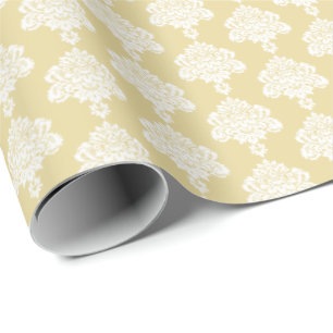Butter Yellow   White Damask Wrapping Paper