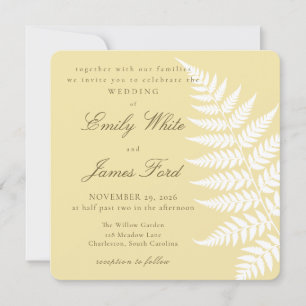 Butter Yellow White Fern Elegant Square Wedding Invitation