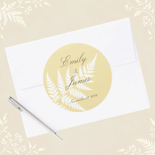 Butter Yellow White Fern Elegant Wedding Classic Round Sticker