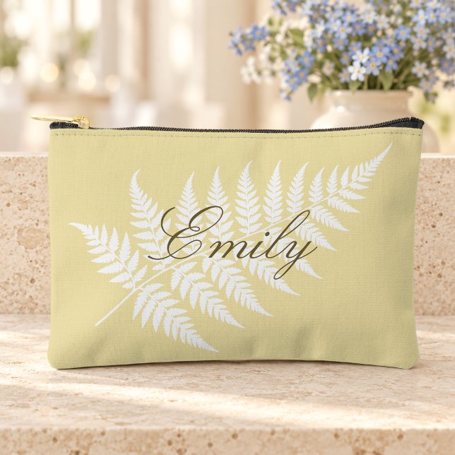 Butter Yellow White Fern Script Name Small Accessory Pouch (Creator Uploaded)