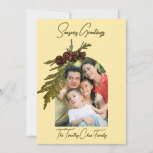Butter Yellow with Ferns & Cones Seasons Greetings Holiday Card