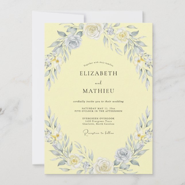Buttercream Silver Petal Wedding Invitation (Front)