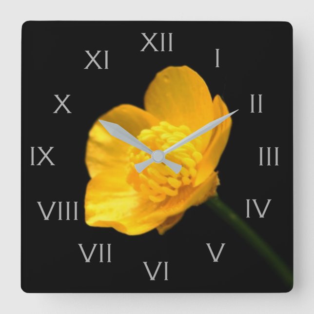 Buttercup Flower Grey Roman Numbers wcm Square Wall Clock (Front)