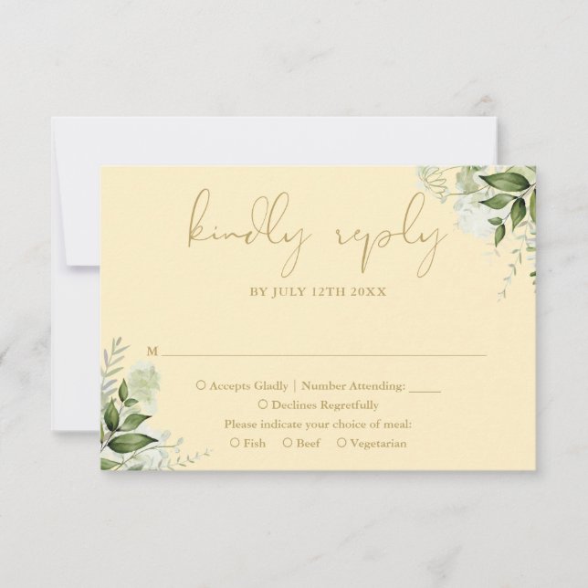 Buttercup Yellow And Gold Greenery Wedding RSVP Card (Front)