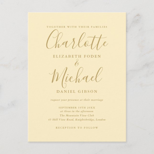 Buttercup Yellow And Gold Script Wedding Invitation Postcard (Front)