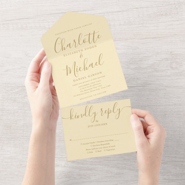 Buttercup Yellow And Gold Signature Script Wedding All In One Invitation (Tearaway)