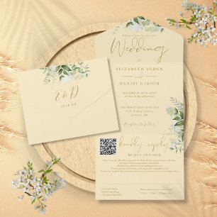Buttercup Yellow Greenery Monogram QR Code Wedding All In One Invitation