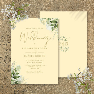 Buttercup Yellow Greenery Monogram Wedding Invitation