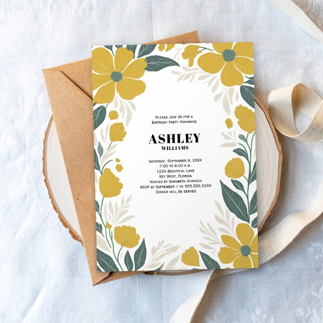 Buttercup Yellow Modern Floral Birthday Party Invitation (Creator Uploaded)