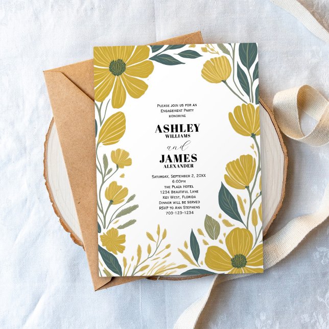 Buttercup Yellow Modern Floral Engagement Party Invitation (Creator Uploaded)
