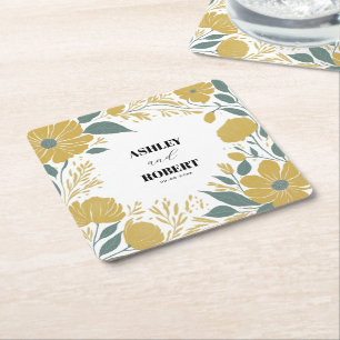 Buttercup Yellow Modern Floral Wedding Square Paper Coaster