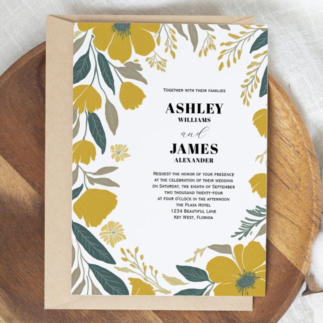 Buttercup Yellow Modern Florals Wedding Invitation (Creator Uploaded)