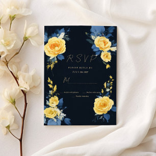 Buttercup yellow navy blue boho floral RSVP Invitation