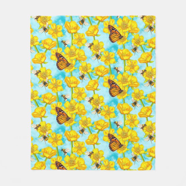 Buttercups, Bees and Butterflies on Clouds Fleece Blanket (Front)