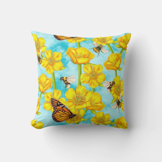 Buttercups, Bees and Butterflies on Clouds Throw Pillow (Front)