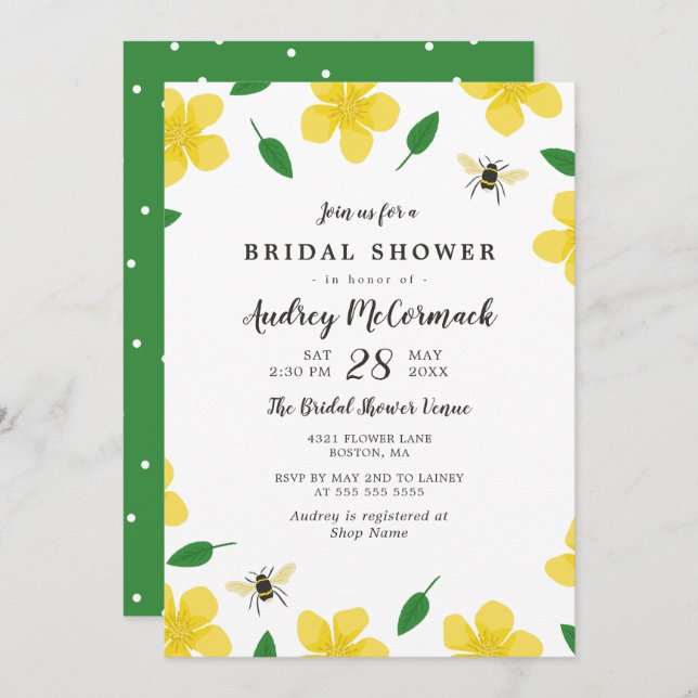Buttercups & Bees - Floral Bridal Shower Invitation (Front/Back)