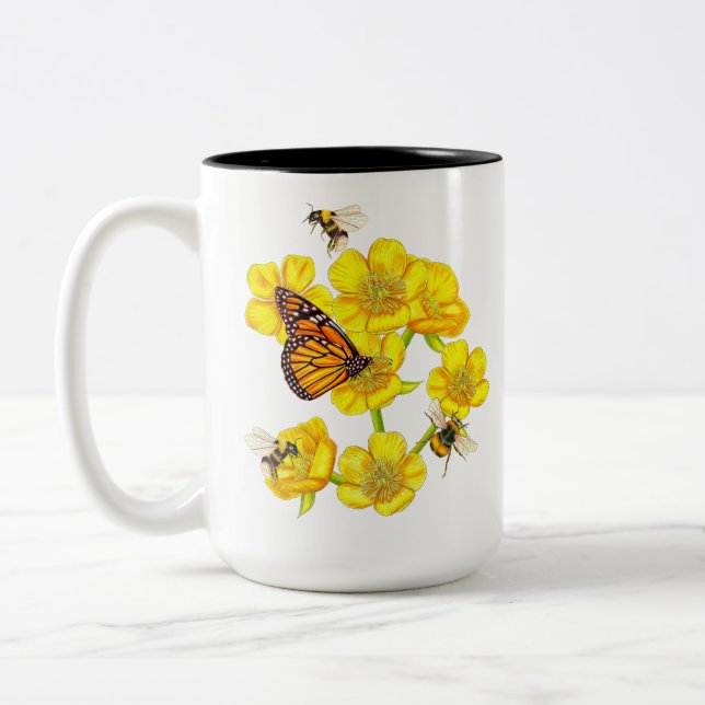 Buttercups dance with bees and butterflies Two-Tone coffee mug (Left)