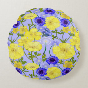 Buttercups, Dandelion Puffballs Blue Cornflowers Round Pillow