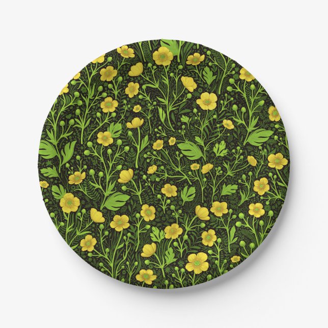 Buttercups on black paper plate (Front)